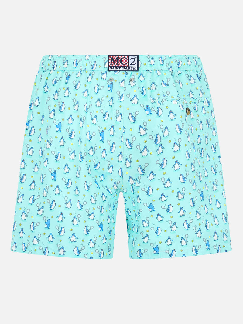 Man lightweight fabric swim-shorts Lighting Micro Fantasy with penguins print