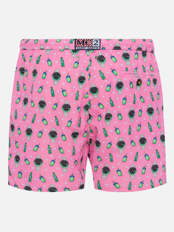 Lightweight fabric swim shorts Lighting with watch print