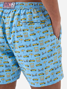 Light blue Lighting Micro swim shorts with road to Formentera all-over print