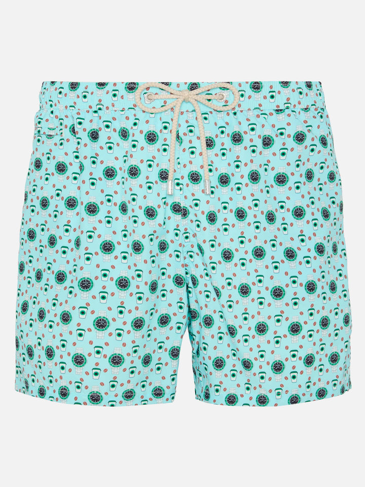 Lightweight fabric swim shorts Lighting with watch print