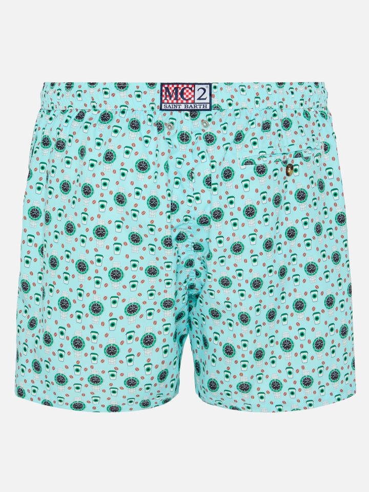 Lightweight fabric swim shorts Lighting with watch print
