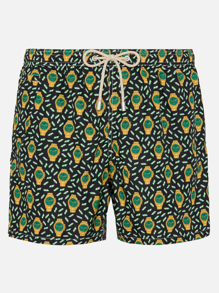 Lightweight fabric swim shorts Lighting with watch print