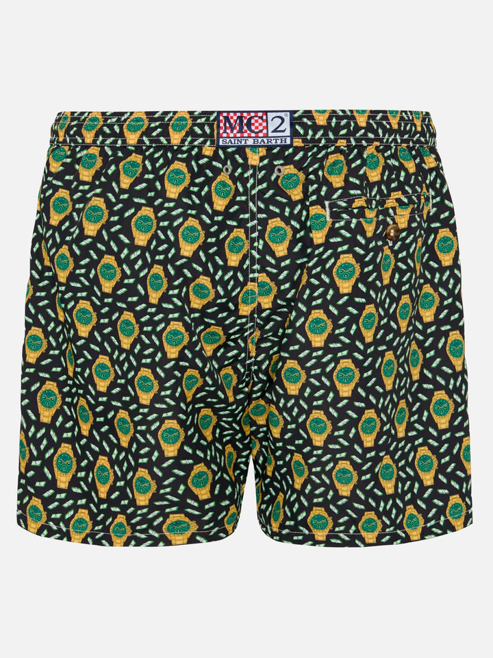 Lightweight fabric swim shorts Lighting with watch print
