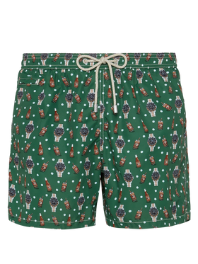 Badeshorts aus leichtem Stoff „Lighting“ mit Uhren- und Bier-Print