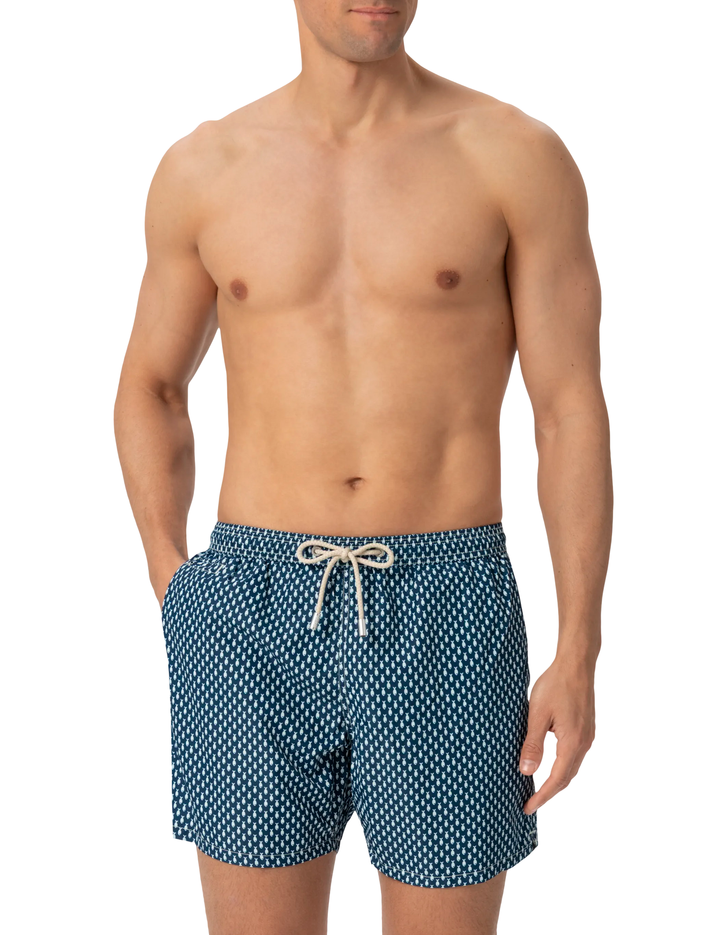 Lightweight fabric swim shorts Lighting with micro fish print