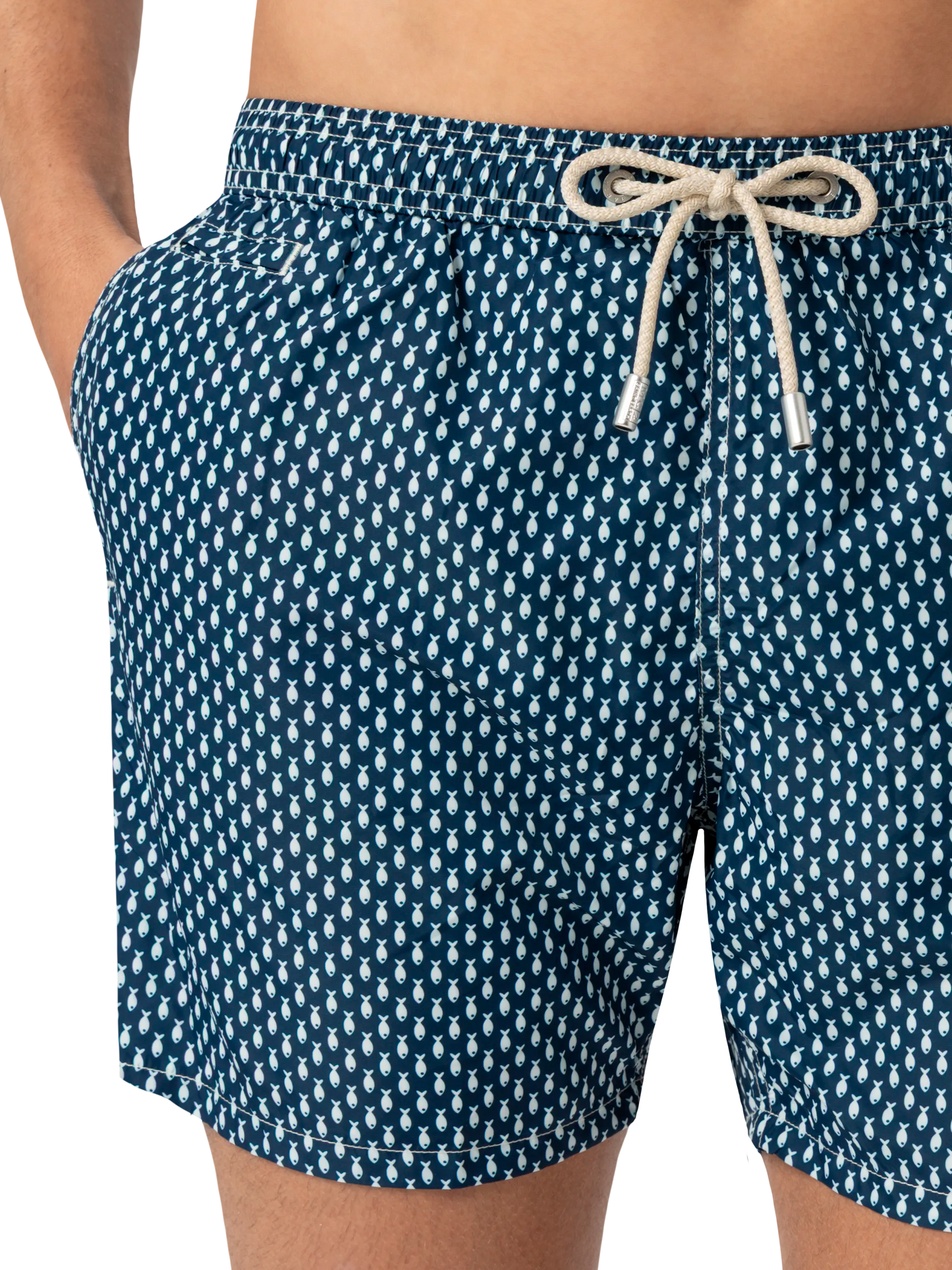 Lightweight fabric swim shorts Lighting with micro fish print
