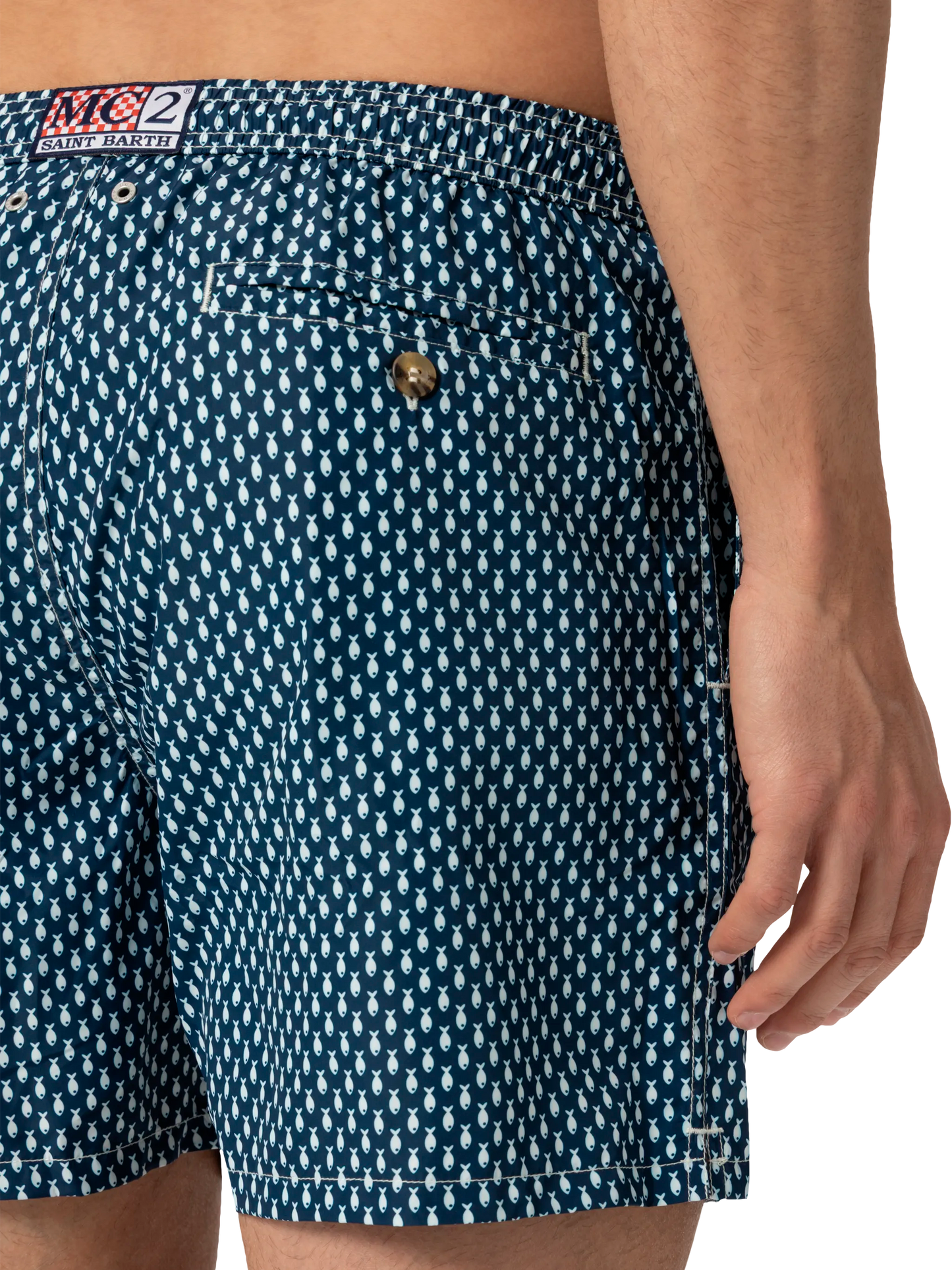 Lightweight fabric swim shorts Lighting with micro fish print