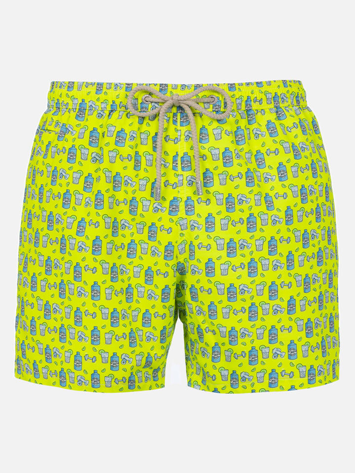 Man lightweight fabric swim-shorts Lighting Micro Fantasy with gym and gin print