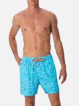 Man lightweight fabric swim-shorts Lighting Micro Fantasy with rooster print