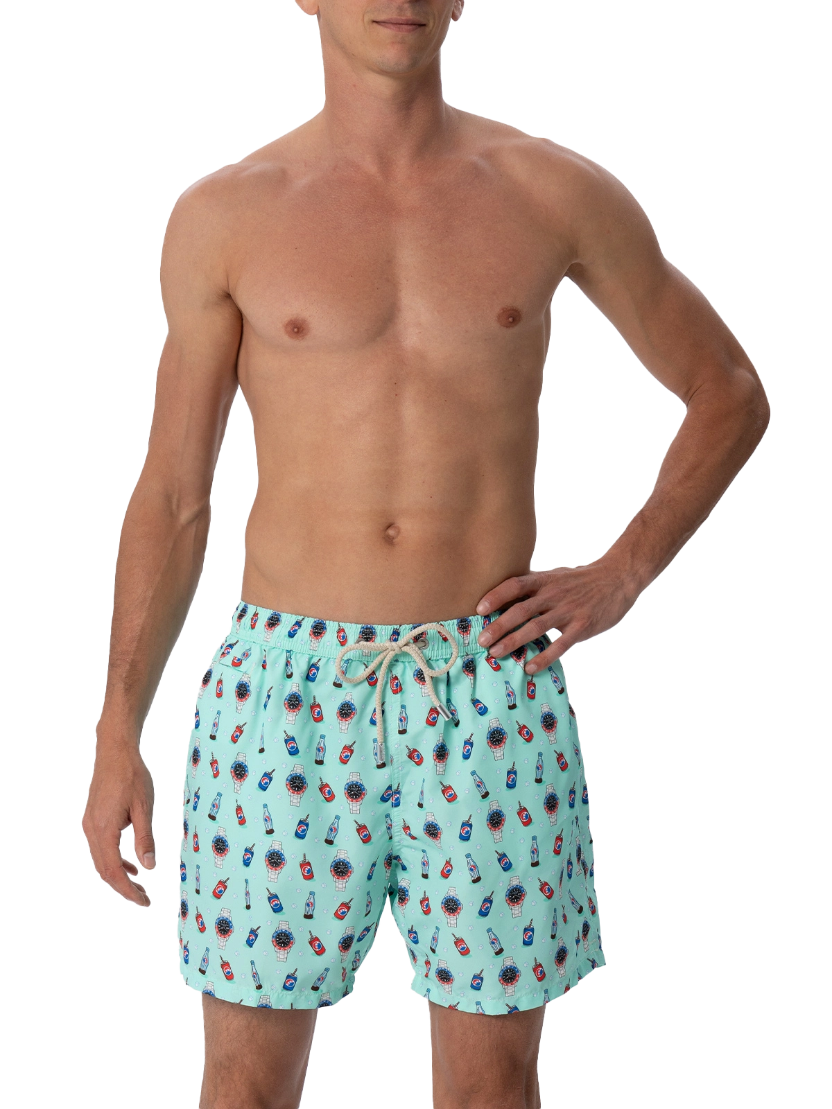 Man lightweight fabric swim-shorts Lighting Micro Fantasy with watches and drinks print