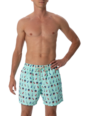 Man lightweight fabric swim-shorts Lighting Micro Fantasy with watches and drinks print
