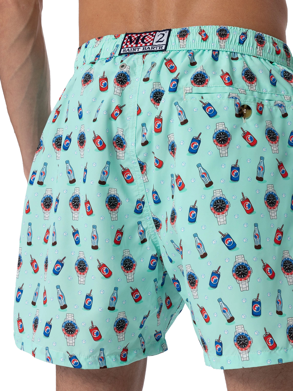 Man lightweight fabric swim-shorts Lighting Micro Fantasy with watches and drinks print