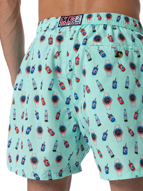 Man lightweight fabric swim-shorts Lighting Micro Fantasy with watches and drinks print