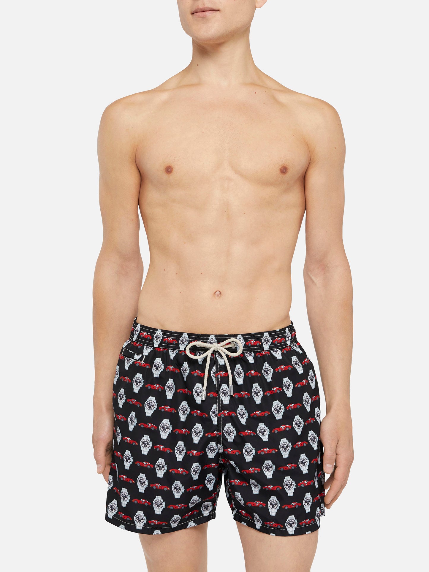 Lightweight fabric swim shorts Lighting with watch print