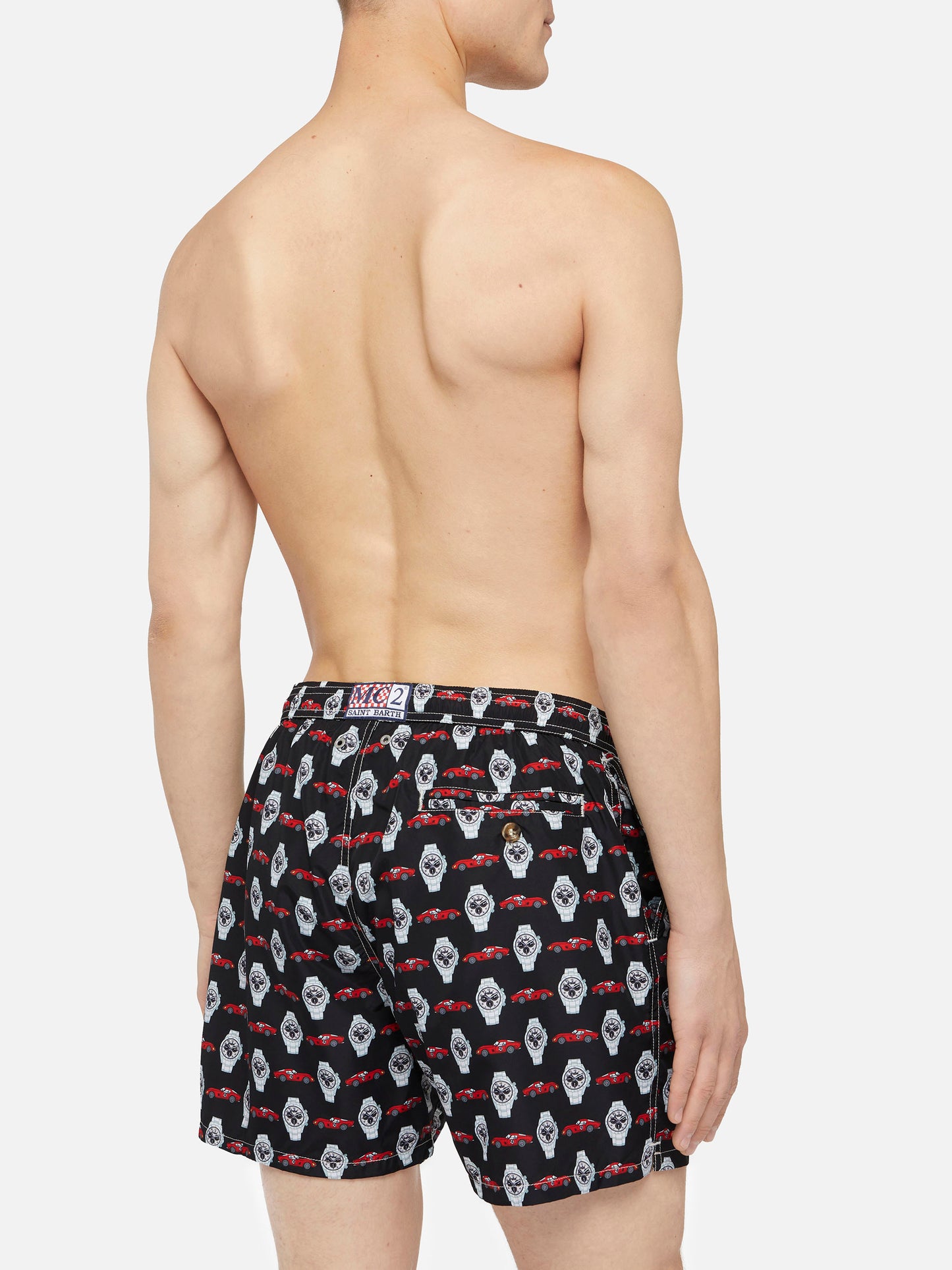 Lightweight fabric swim shorts Lighting with watch print