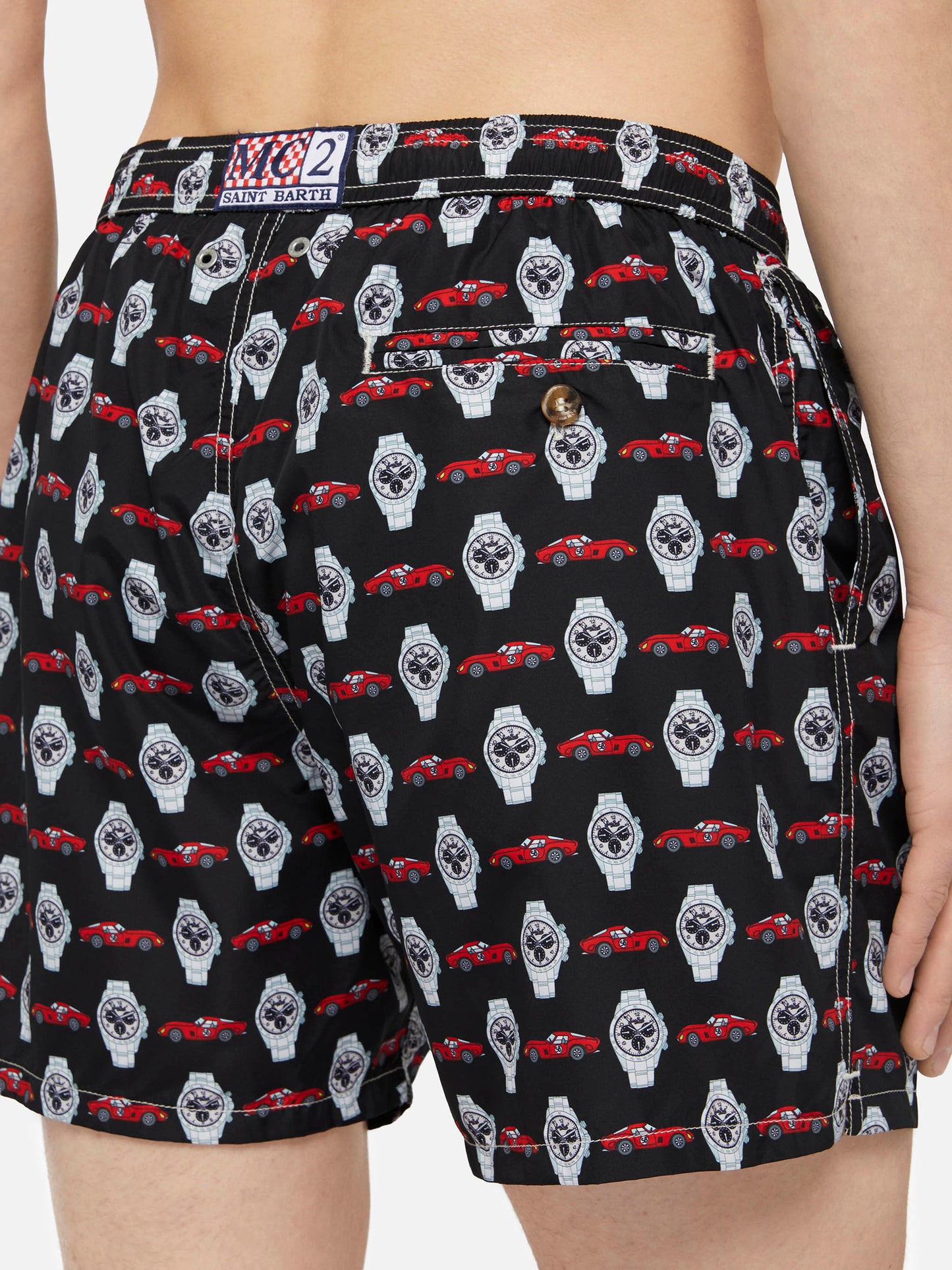 Lightweight fabric swim shorts Lighting with watch print