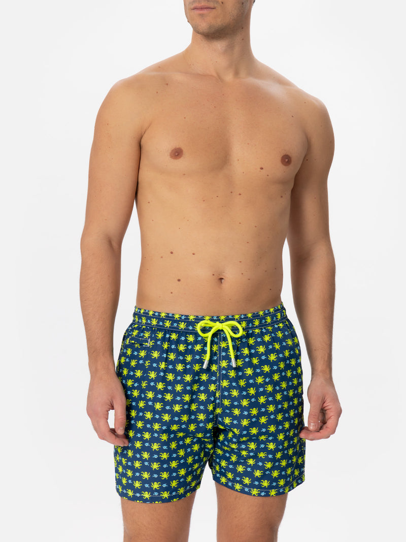 Man light fabric swim shorts with fish and octopus print