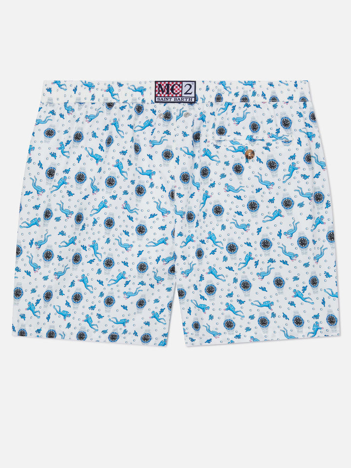 White Lighting Micro swim shorts with scuba watches and divers all-over print