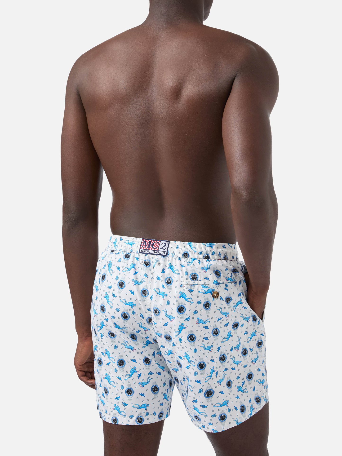 White Lighting Micro swim shorts with scuba watches and divers all-over print