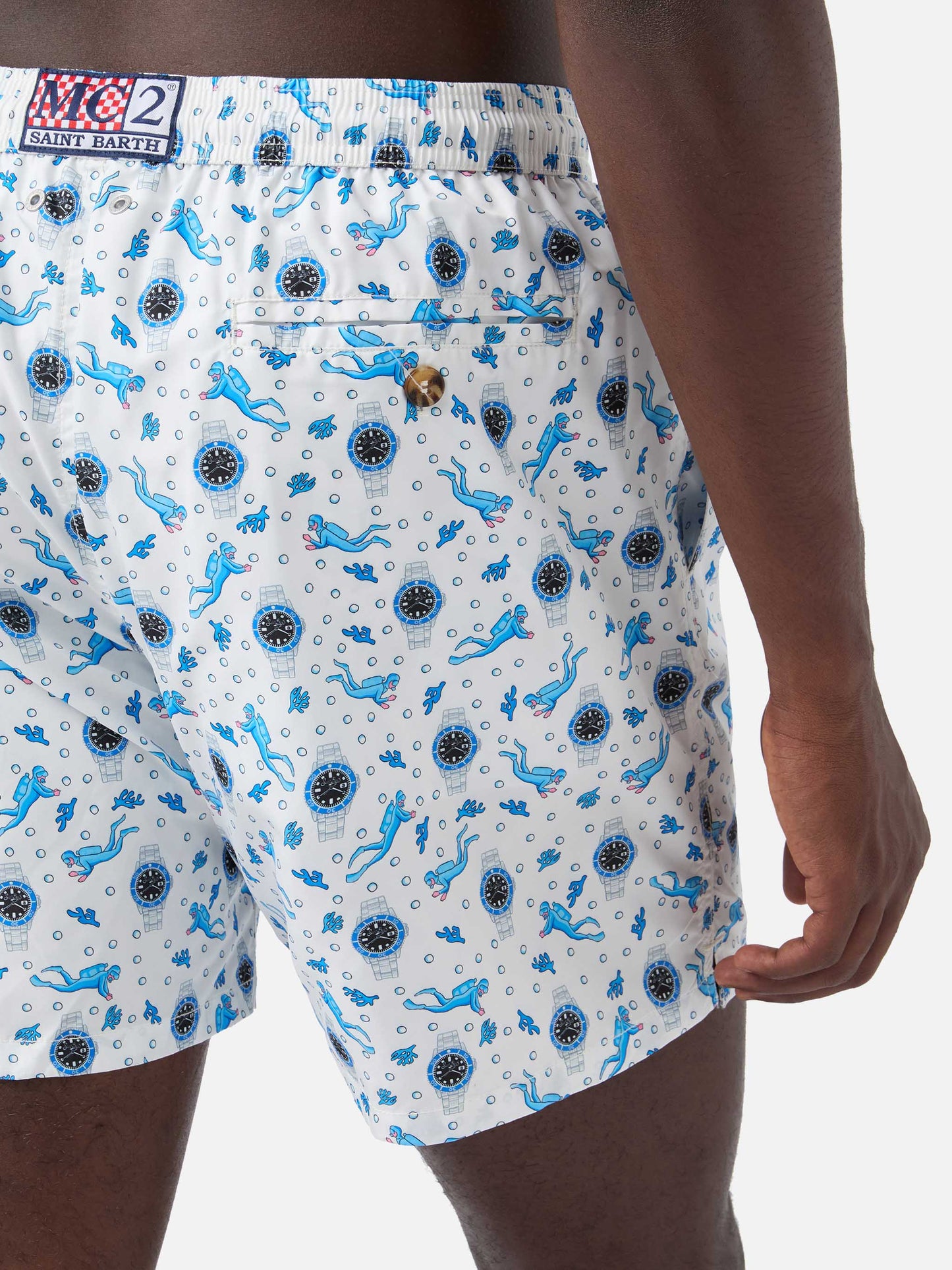 White Lighting Micro swim shorts with scuba watches and divers all-over print