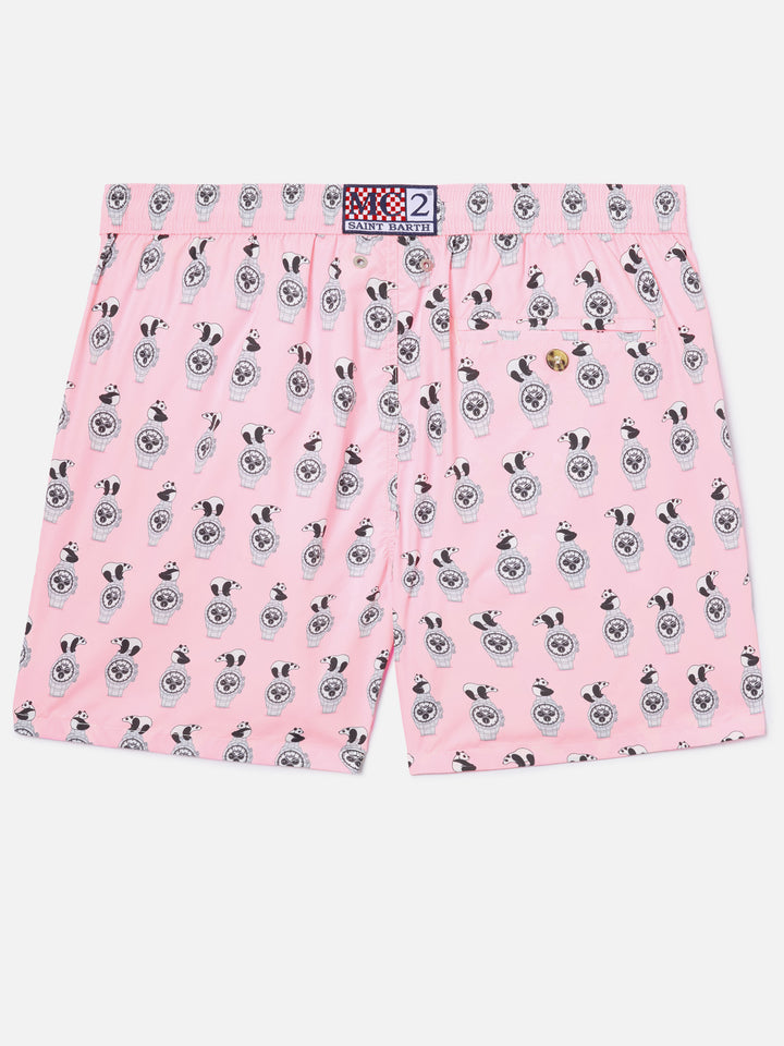 Pink Lighting Micro swim shorts with panda and watches all-over print