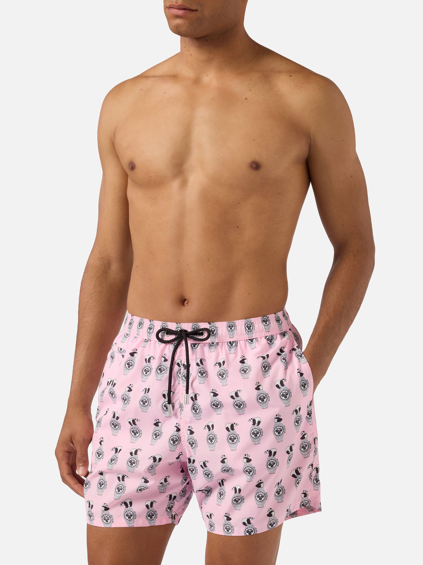 Costume mare Lighting Micro rosa con stampa panda e orologi all-over