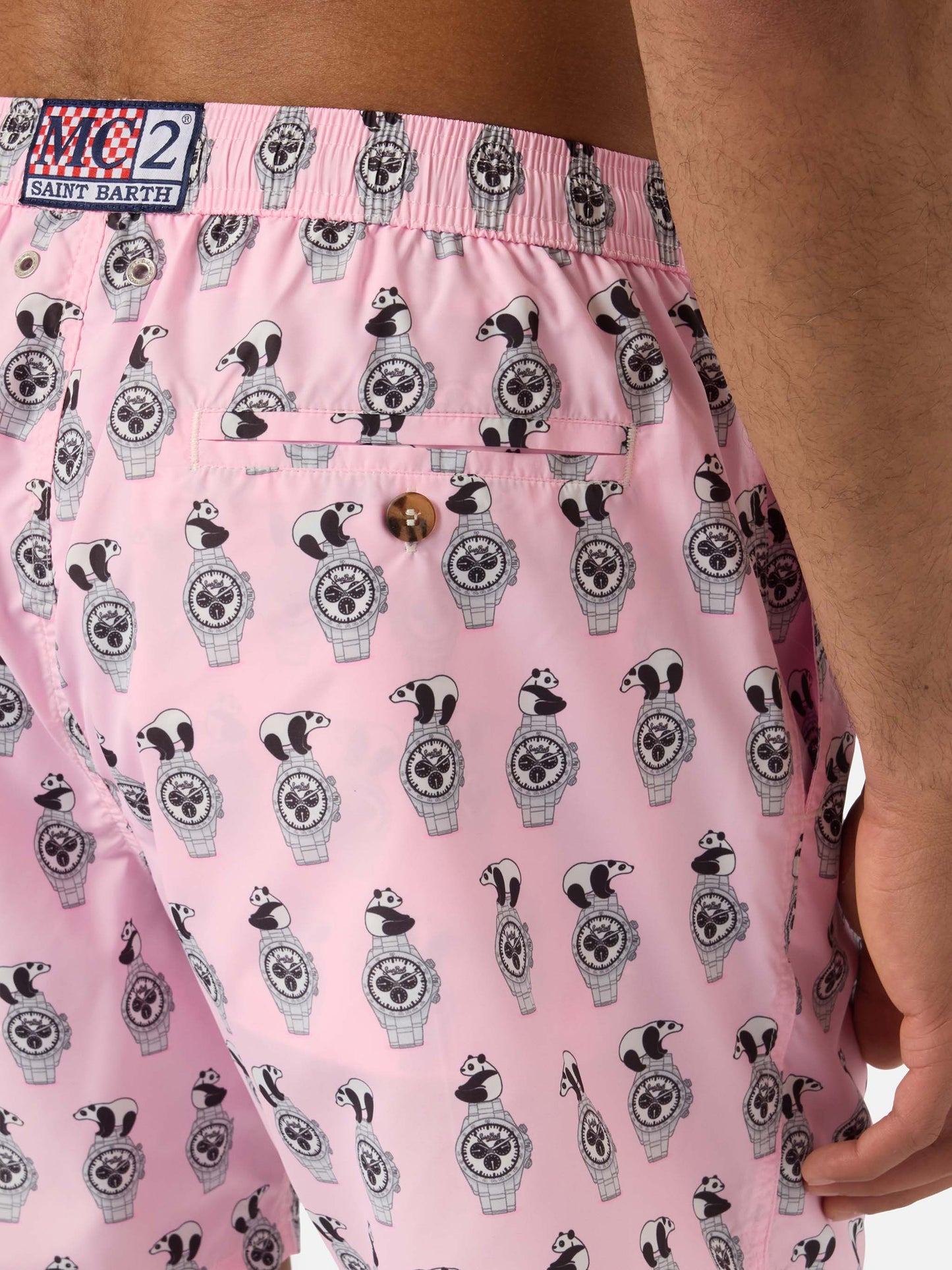Costume mare Lighting Micro rosa con stampa panda e orologi all-over