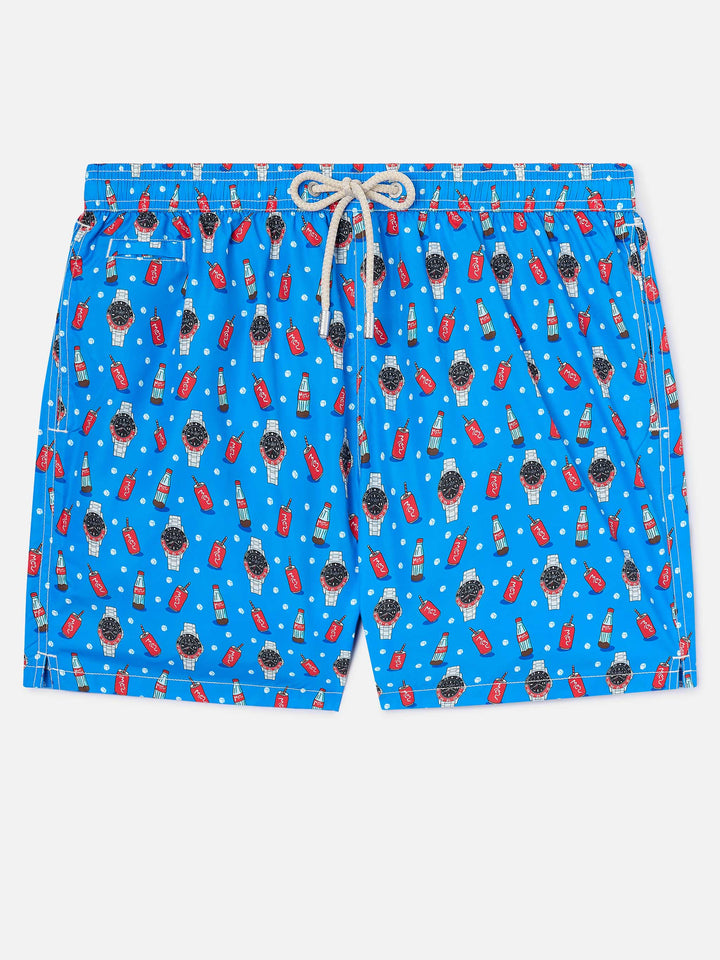 Blaue Lighting Micro-Badeshorts mit Watch Red Cola-Print 