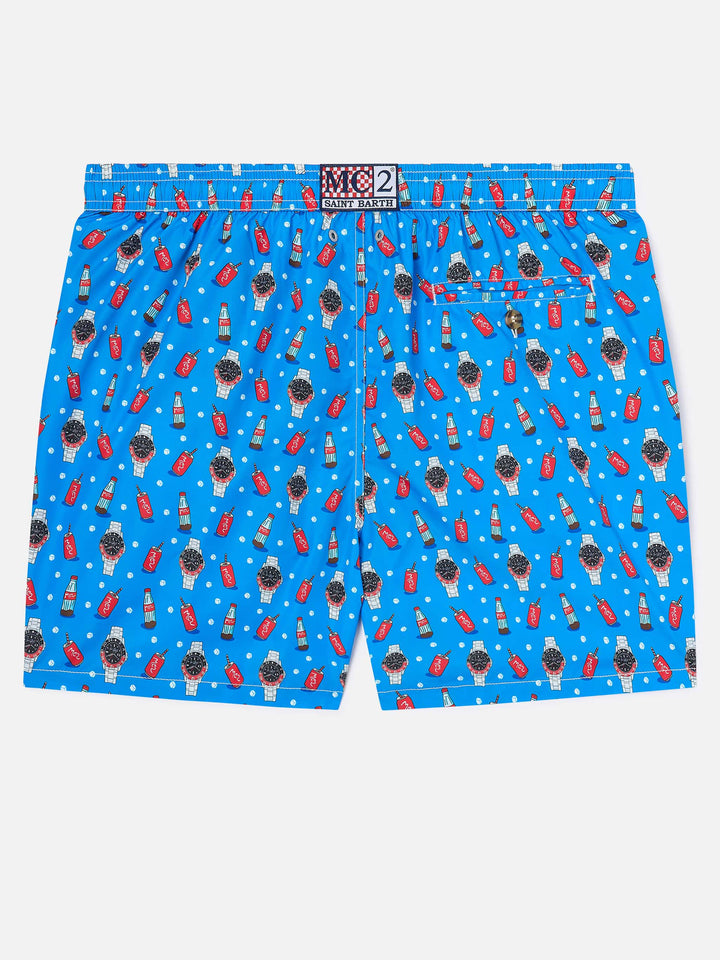 Blaue Lighting Micro-Badeshorts mit Watch Red Cola-Print 