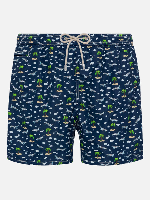 Lightweight fabric swim shorts Lighting with palms and planes print