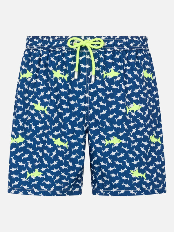 Man lightweight fabric swim-shorts Lighting with sharks embroidery