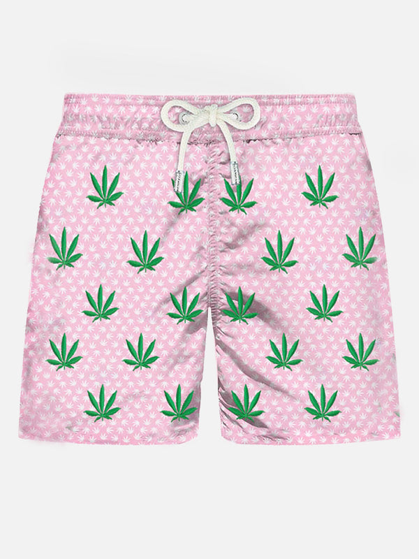 Man light fabric swim shorts with leaves embroidery