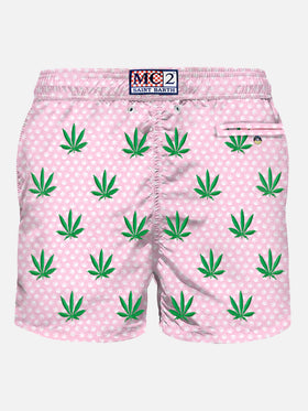 Man light fabric swim shorts with leaves embroidery