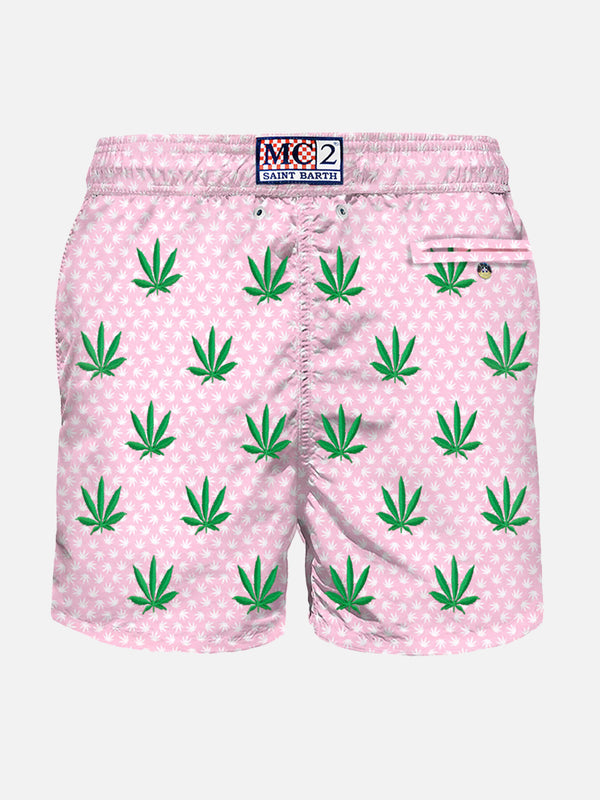 Man light fabric swim shorts with leaves embroidery