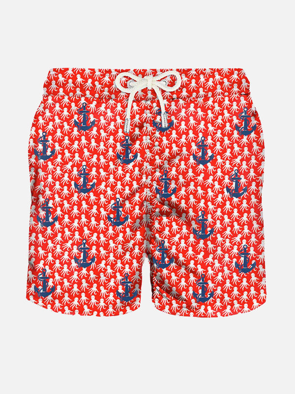 Man light fabric swim shorts with anchors embroidery