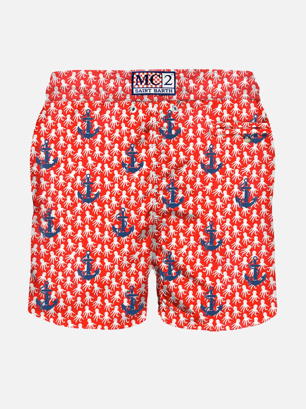 Man light fabric swim shorts with anchors embroidery