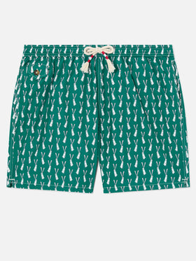 Lighting swim shorts in technical fabric with rabbit pattern in green and multicolor