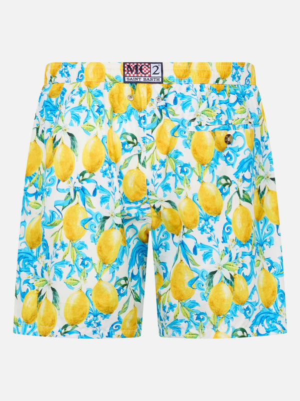 Man lightweight fabric swim-shorts Lighting 70 with majolica print