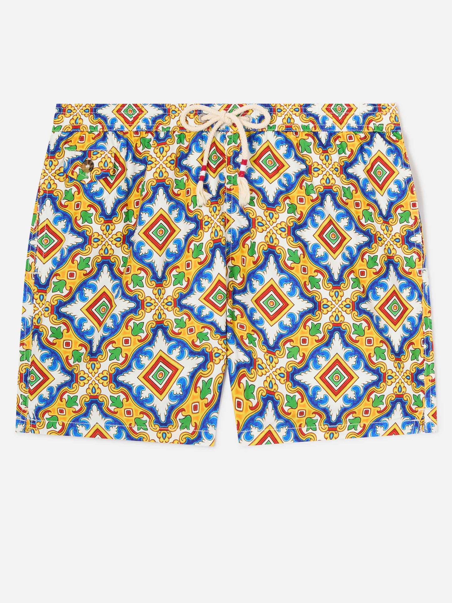 Herren-Badeshorts aus leichtem Stoff mit Maiolika-Print