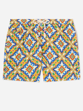 Herren-Badeshorts aus leichtem Stoff mit Maiolika-Print