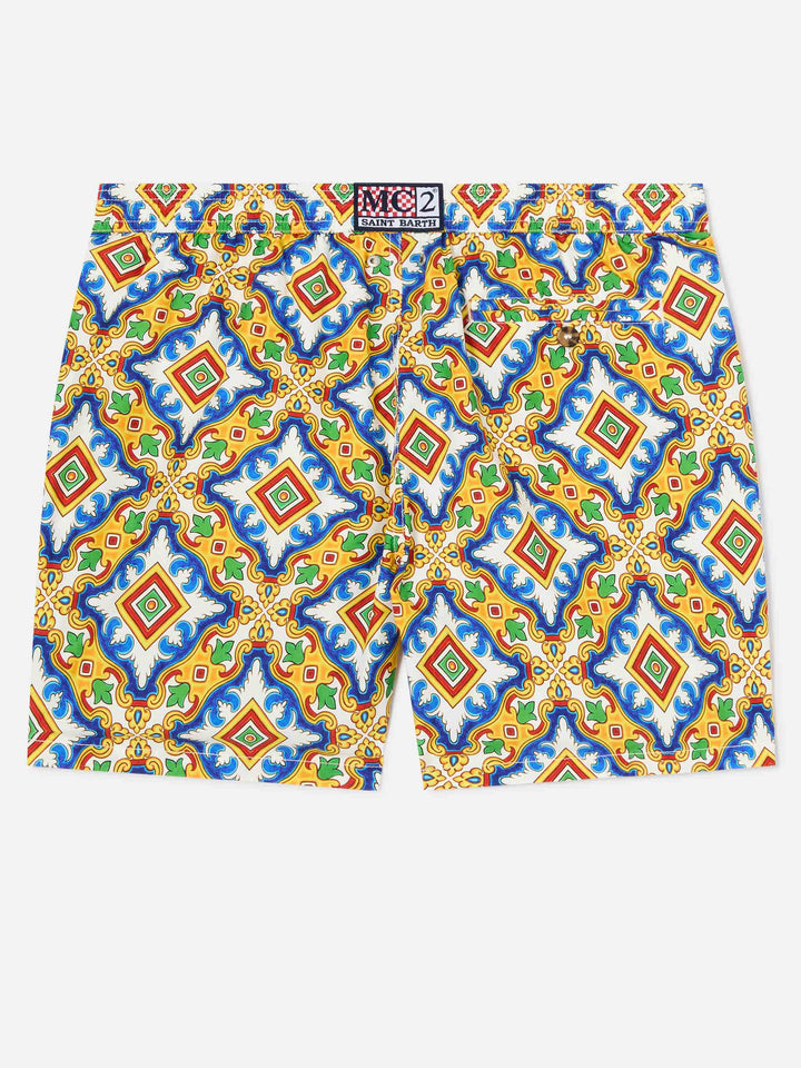 Herren-Badeshorts aus leichtem Stoff mit Maiolika-Print
