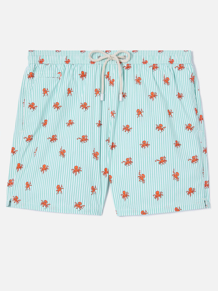 Green striped Lighting Micro swim shorts with all-over octopus print