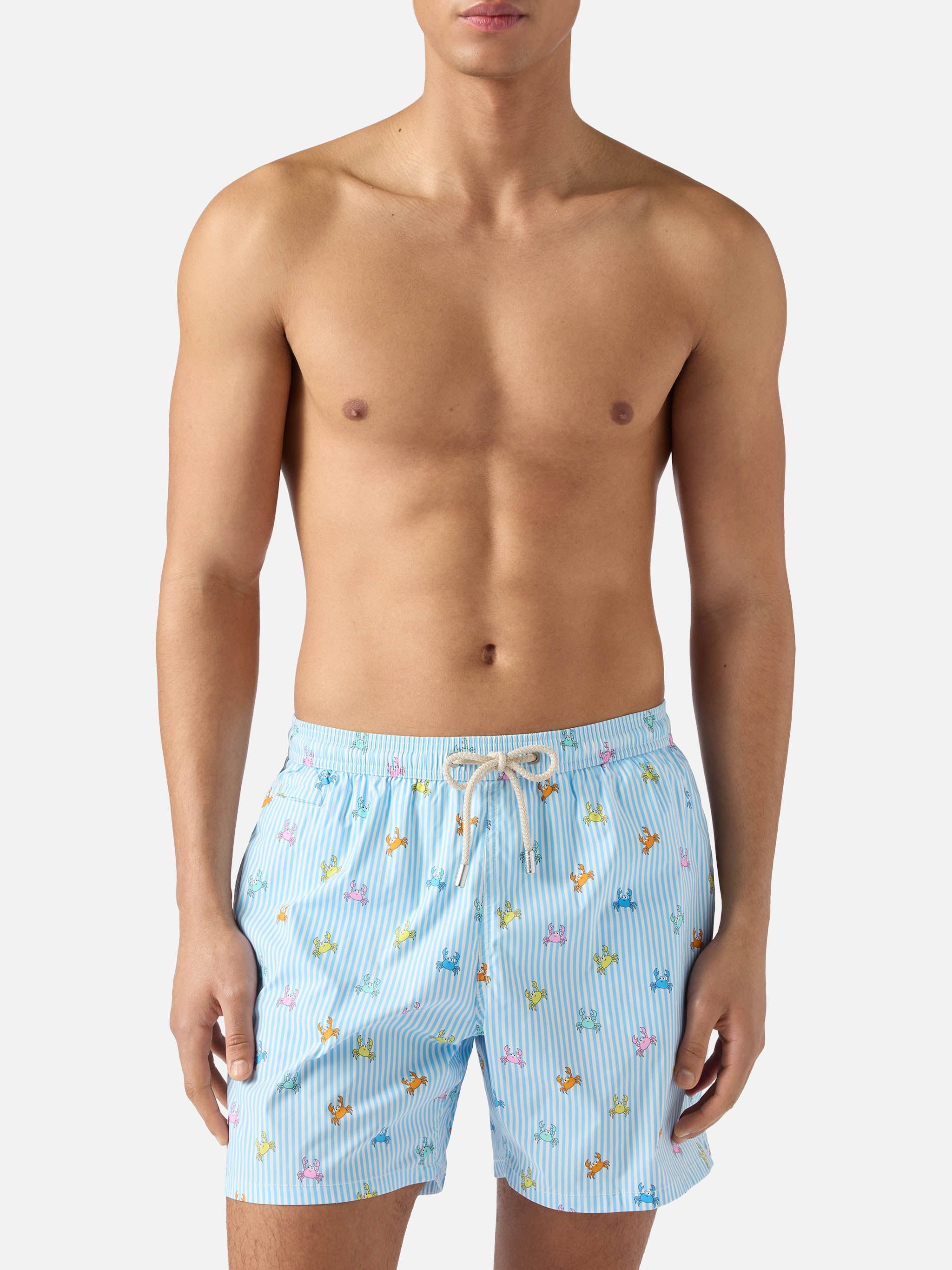Light blue striped Lighting Micro swim shorts with all-over crab
