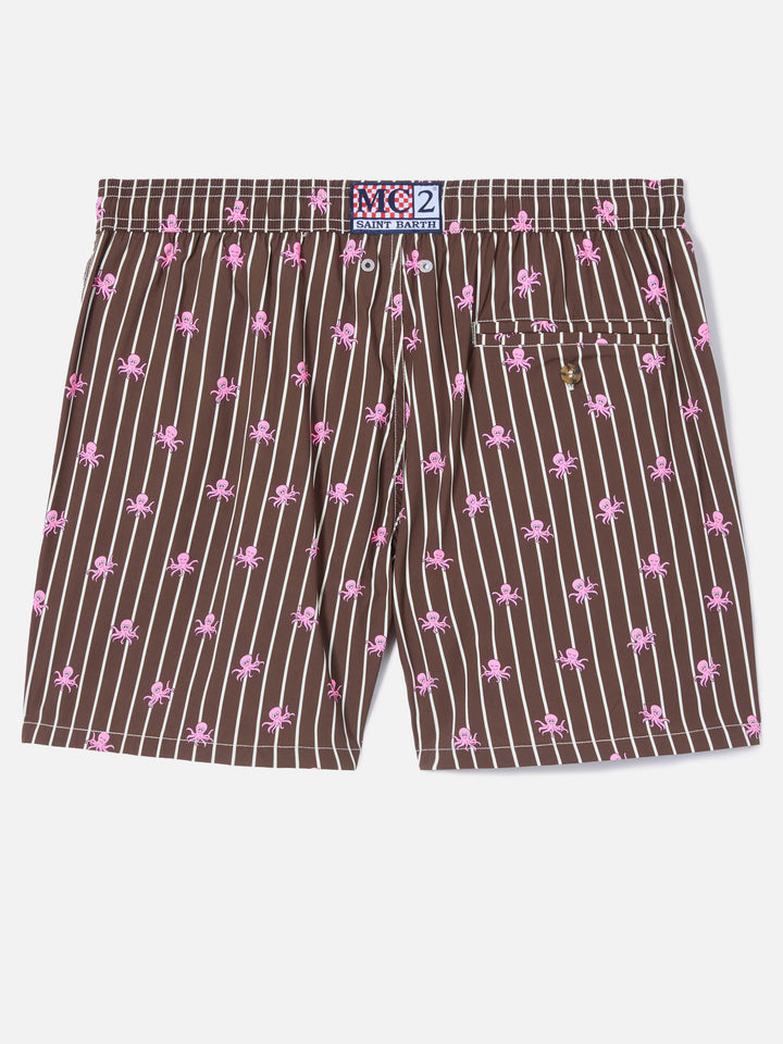 Brown striped Lighting Micro swim shorts with all-over octopus print