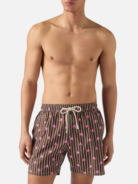 Brown striped Lighting Micro swim shorts with all-over octopus print