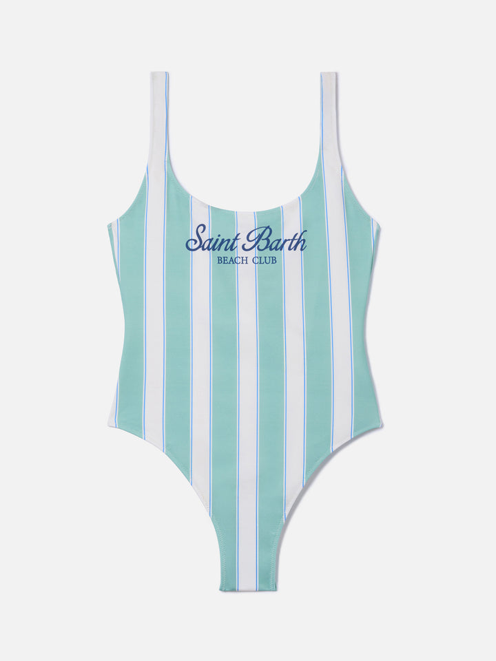 Lora one-piece swimsuit in sage green and cream striped design with Beach Club print