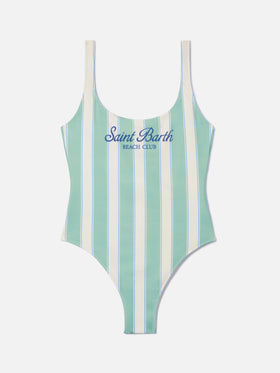 Lora one-piece swimsuit in sage green and cream striped design with Beach Club print
