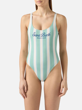 Lora one-piece swimsuit in sage green and cream striped design with Beach Club print