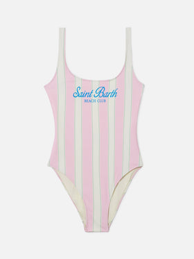 Lora one-piece swimsuit in pink and cream striped design with Beach Club print