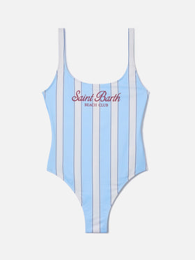 Costume intero Lora a righe azzurre e panna con stampa Beach Club